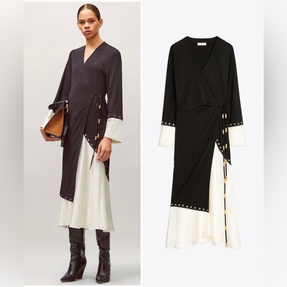 NWT $698 Tory Burch Mixed-Material Wrap Dress In Black